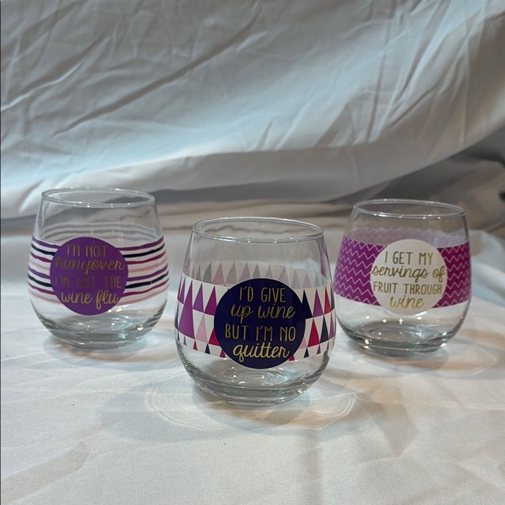 Set of Three Wine Glasses with Fun Quotes